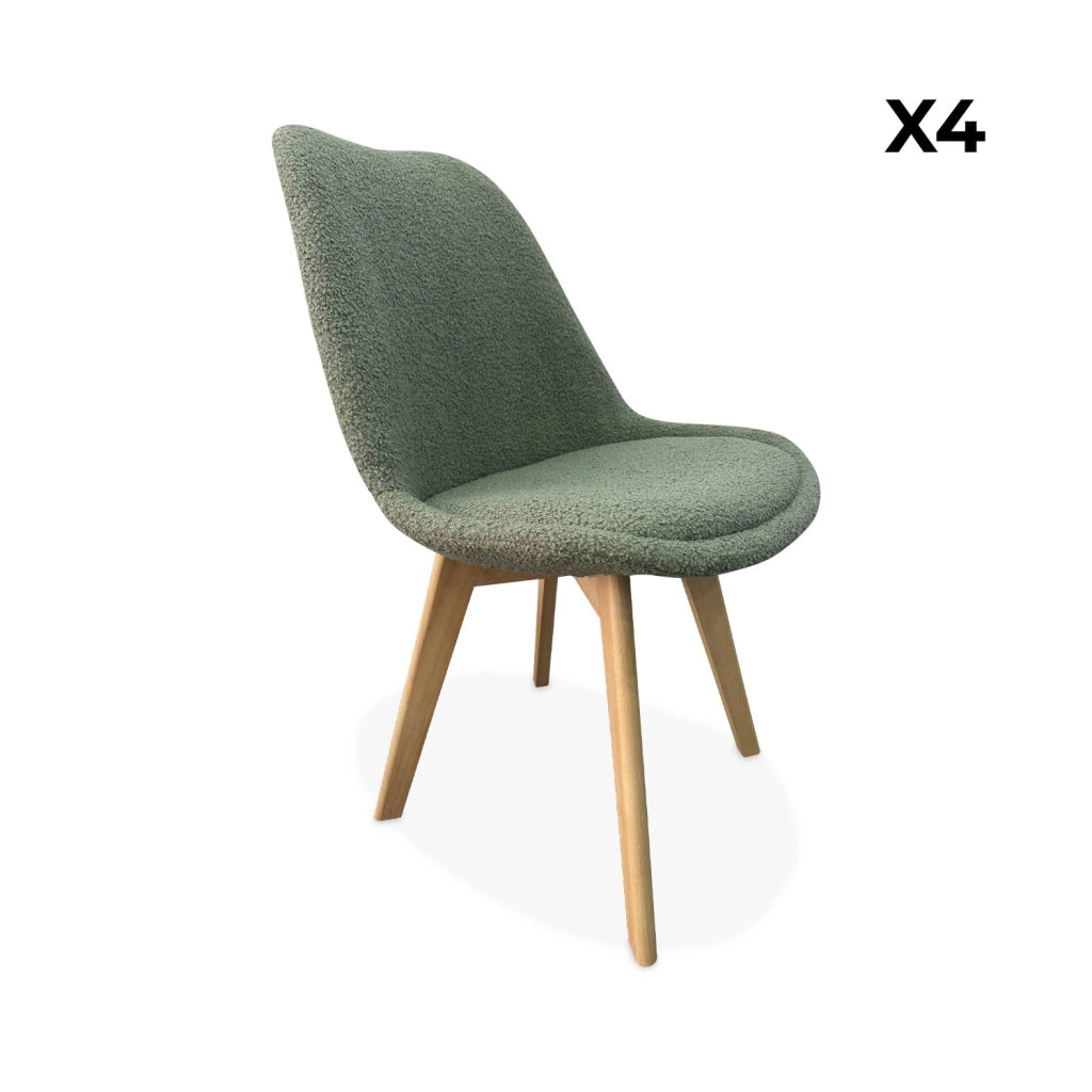 Set 4 sedie scandinave bouclé e gambe in legno, verde celadon
