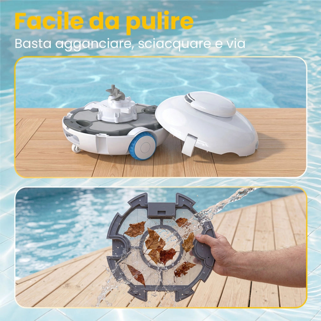 Robot pulitore per piscine, autonomia di 120 minuti, in grado di arrampicarsi sulle pareti della piscina, potente aspirazione, parcheggio automatico.