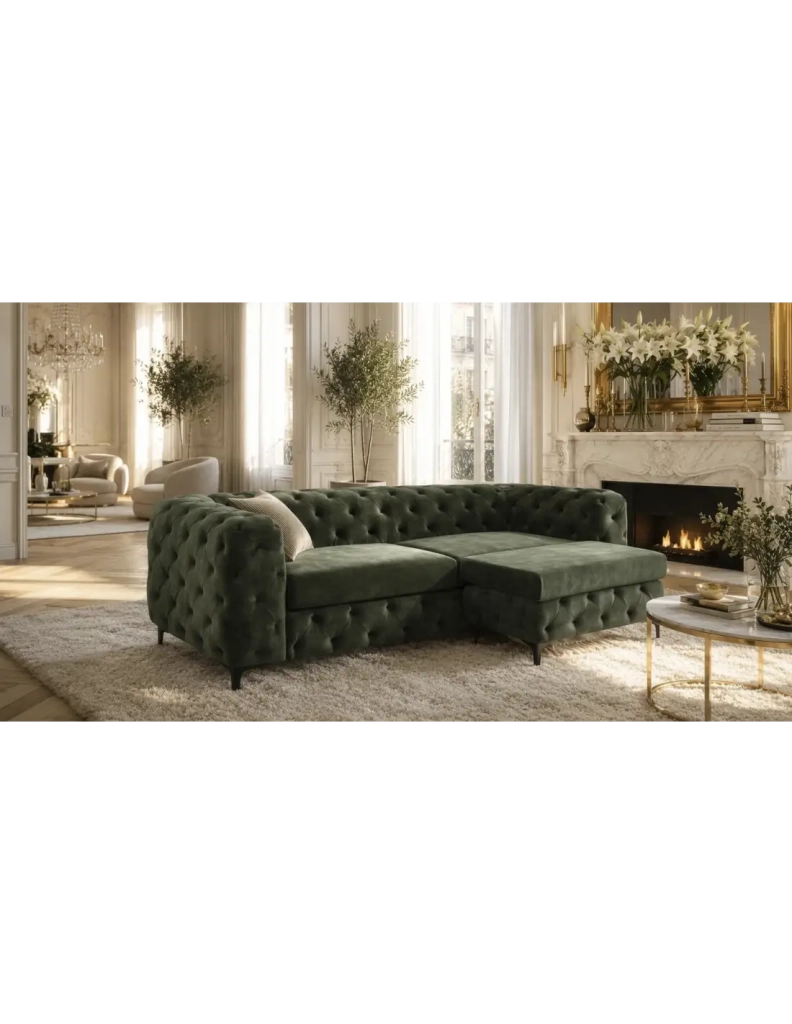Pouf VELENA in velluto trapuntato – Verde scuro – 95 x 49 x 62 cm