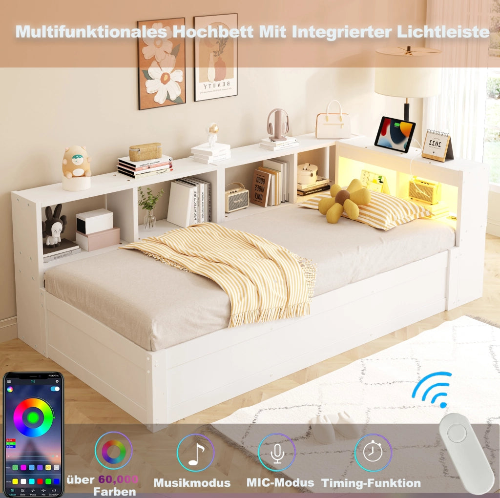 Letto singolo multifunzione 90x200 cm con LED e vano contenitore
