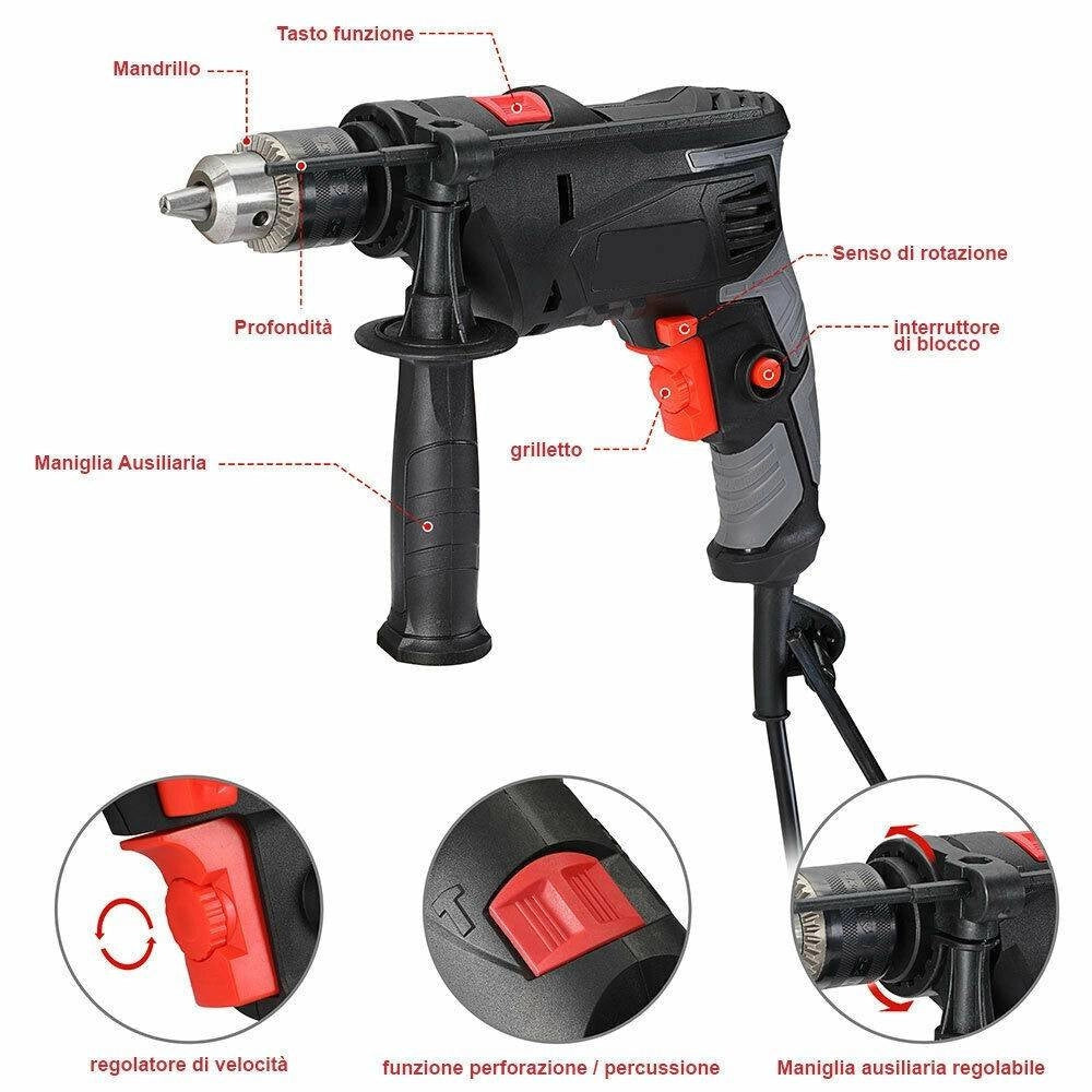 Trade Shop - Trapano Elettrico A Percussione 710w Velocita Regolabile 3000rpm Mandrino 13 Mm -
