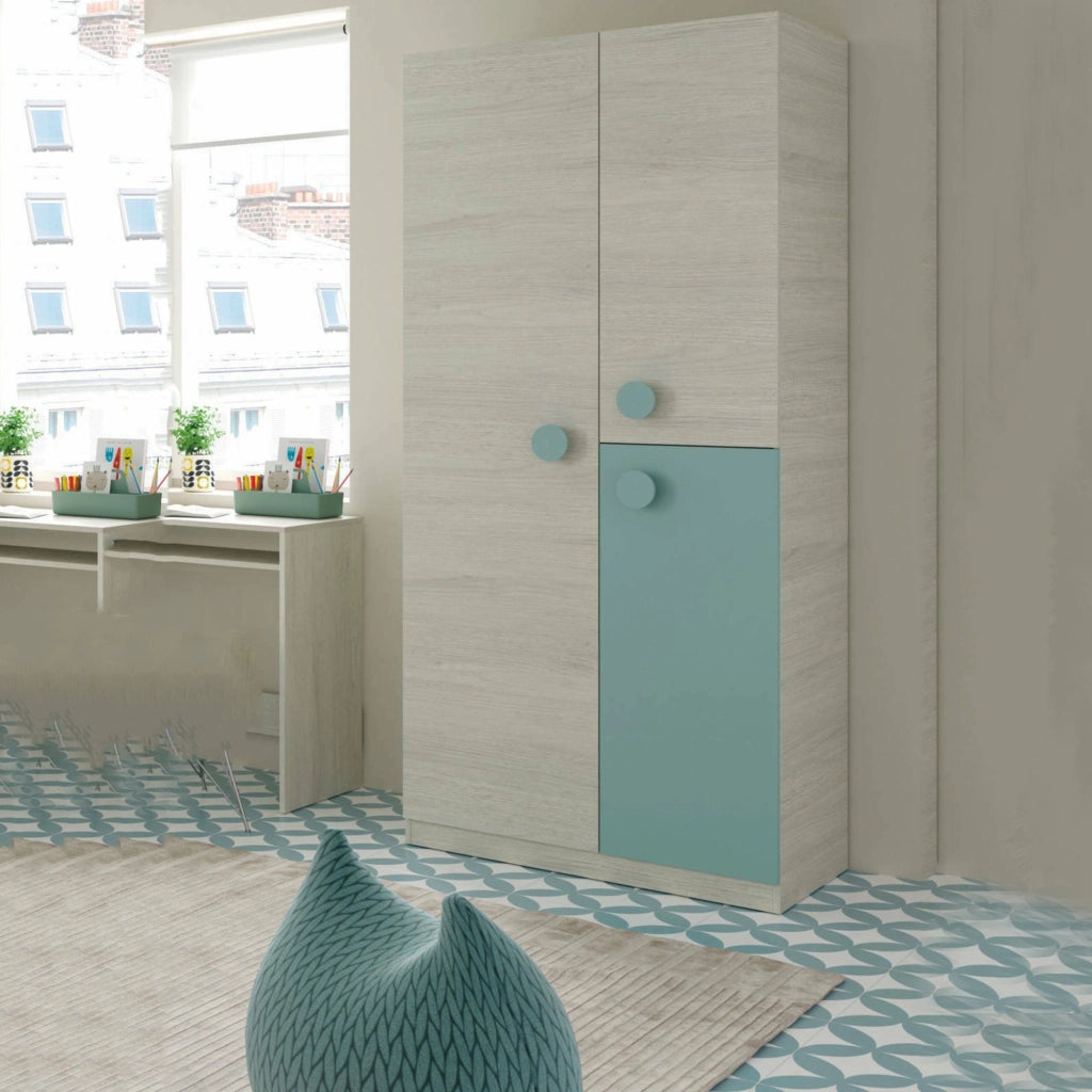 Guardaroba Aronia, Armadio per cameretta, Mobile a 3 ante e 3 ripiani con barra appendiabiti, cm 90x52h200, Bianco e Verde acqua