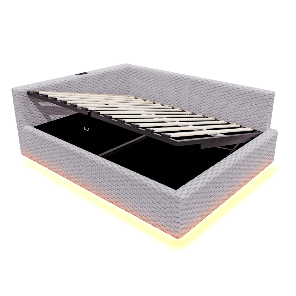 Letto a Divanetto 140x200 cm; Contenitore; LED; USB e Type-C; in Velluto; Grigio