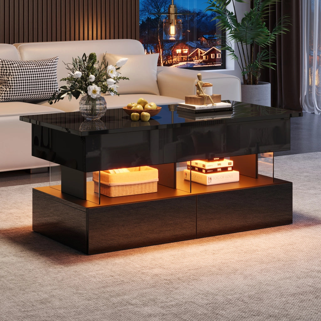 Tavolino da caffè 100x50x46 cm con piano sollevabile; spazio nascosto; 2 cassetti; LED; MDF nero