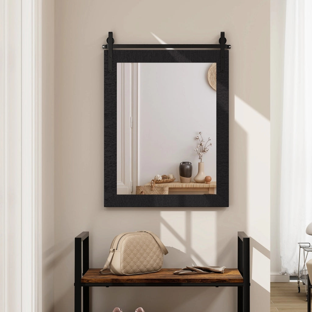 Specchio a parete farmhouse 76,5x56cm, Specchio a muro rettangolare con cornice in legno staffa in metallo Nero-Specchi da parete