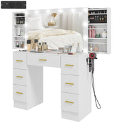 Tavolo da trucco con specchio e 12 luci LED, cassettiera con 7 cassetti e 6 scomparti nascosti ¨C zephmum ¨C Bianco
