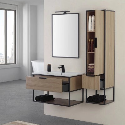 Colonna bagno sospesa H 150 cm stile industrial nero e legno Baketo