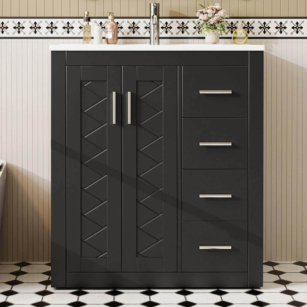 Mobile sottolavabo con lavabo in ceramica 2 ante e 3 cassetti per bagno in MDF e ceramica nero 76 × 46,5 × 85,5 cm