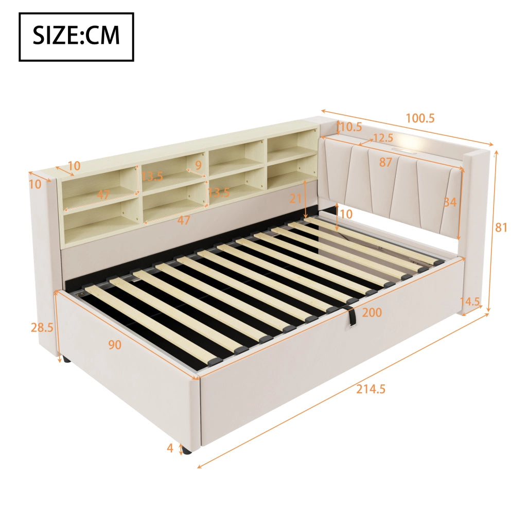 Letto singolo 90×200 cm con contenitore idraulico; luce notturna; USB; Type-C e ripiani; senza materasso; velluto beige