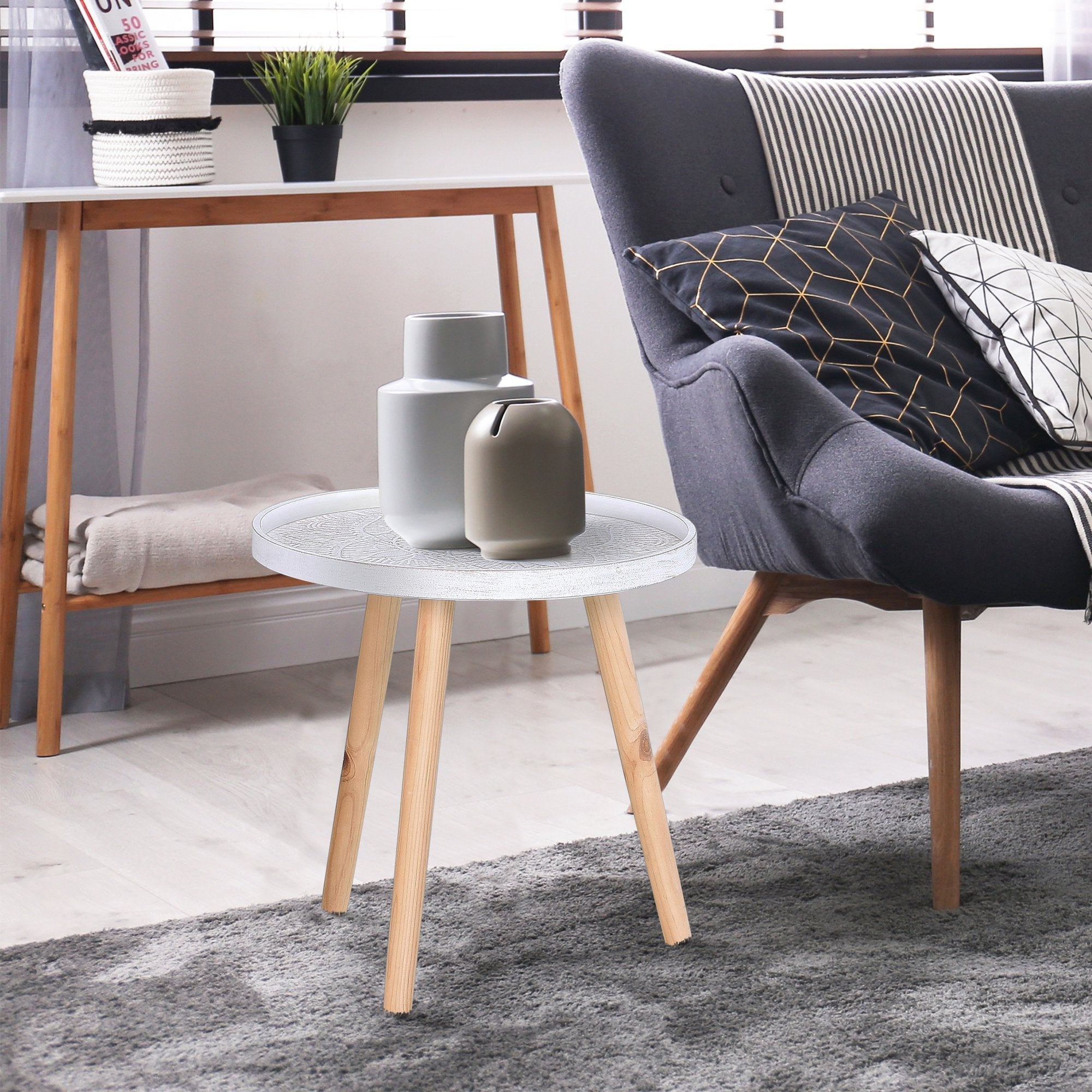 Tavolino Basso Ø40x40,5 cm in Legno e MDF Bianco