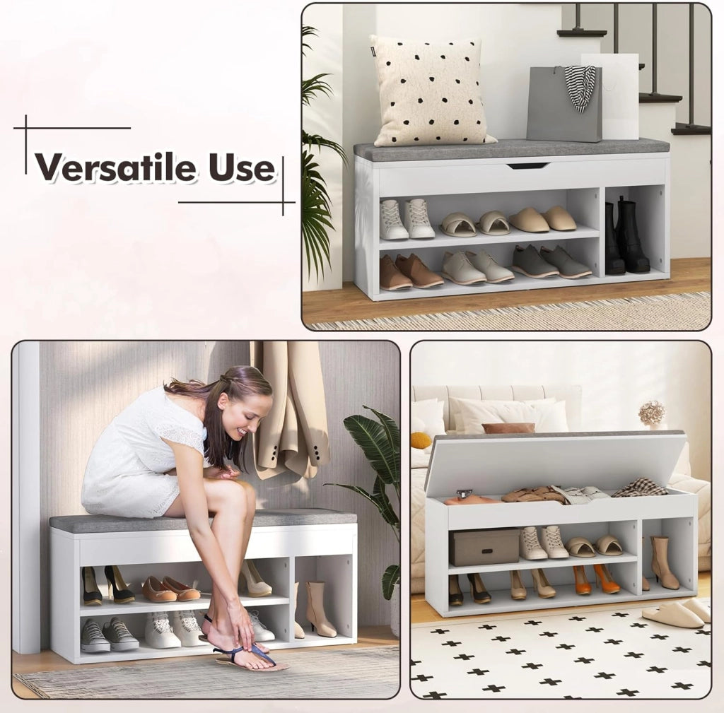 Panca per scarpe con cuscino, cassapanca con vano portaoggetti, 3 scomparti, 2 livelli, scarpiera apribile con coperchio ribaltabile, per corridoio, soggiorno, camera da letto, 104 x 30 x 48