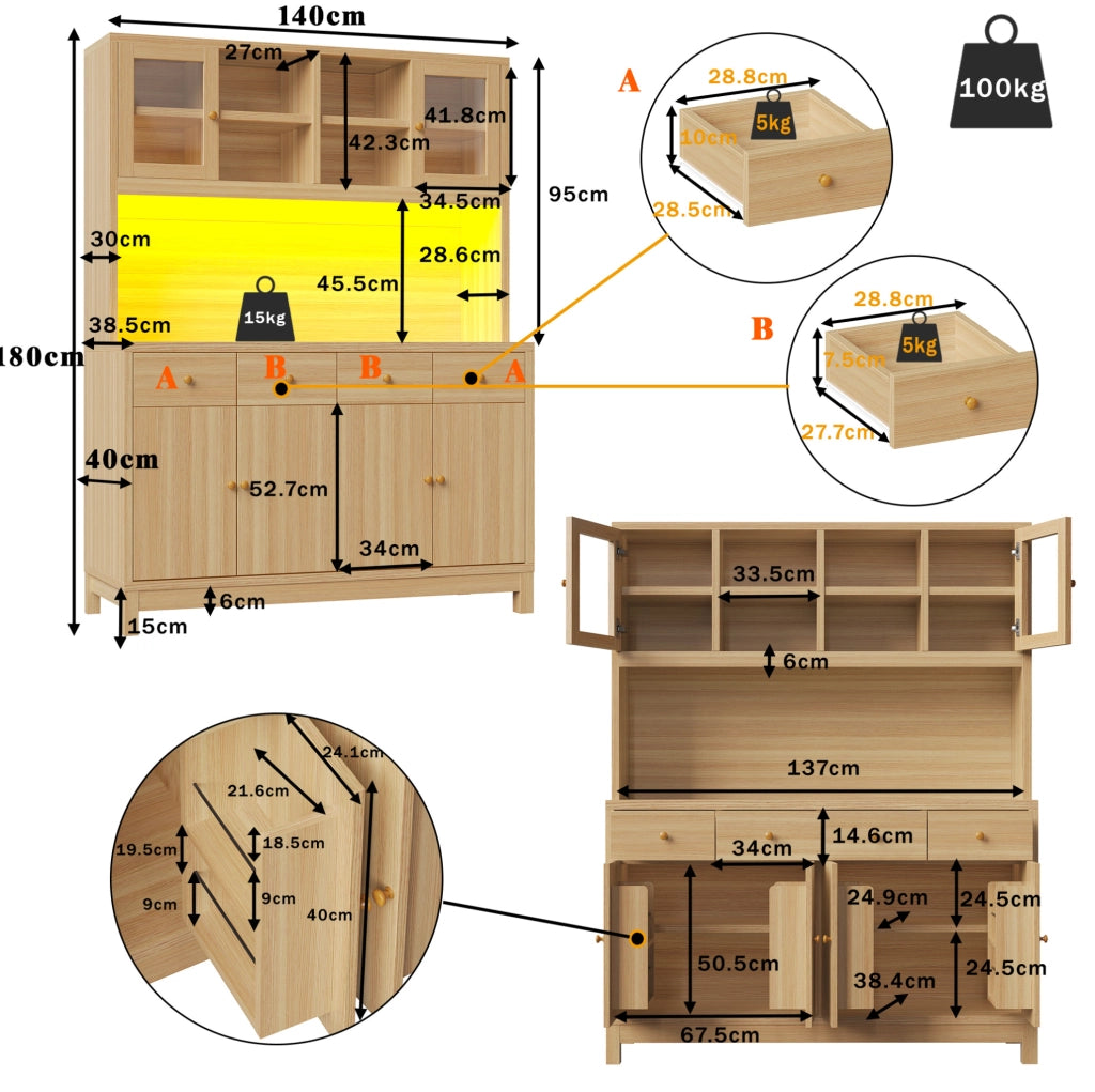 Credenza alta 140x38.5x180 cm con LED RGB controllato da app in MDF e metallo naturale