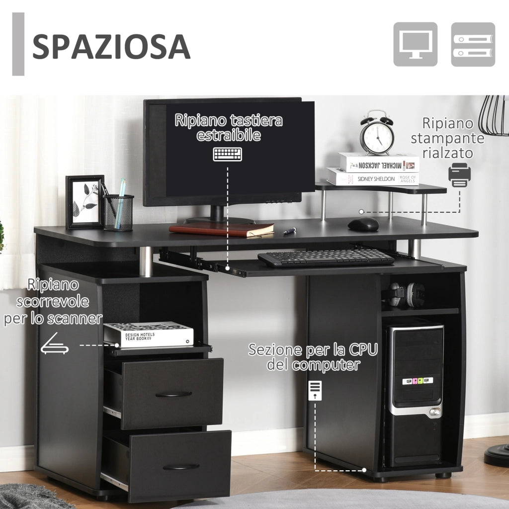 EasyComfort Scrivania per Computer Moderna Porta PC, Scrivania da Ufficio in Legno con Cassetti, Mensola Estraibile e Porta Tastiera, 120x55x85cm, Nero