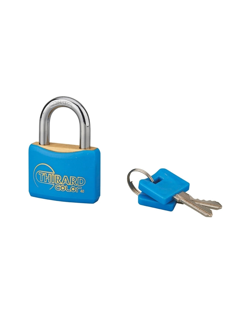 Lucchetto con chiave Mach, ottone, esterno, blu, guscio pvc, 40mm 2 chiavi - THIRARD