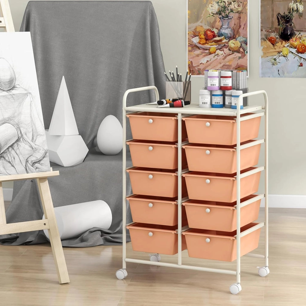 Carrello con 10 cassetti, impilabile, per cassetti, da cucina, bagno, ufficio, 65,5 x 37 x 87 cm (arancione chiaro)