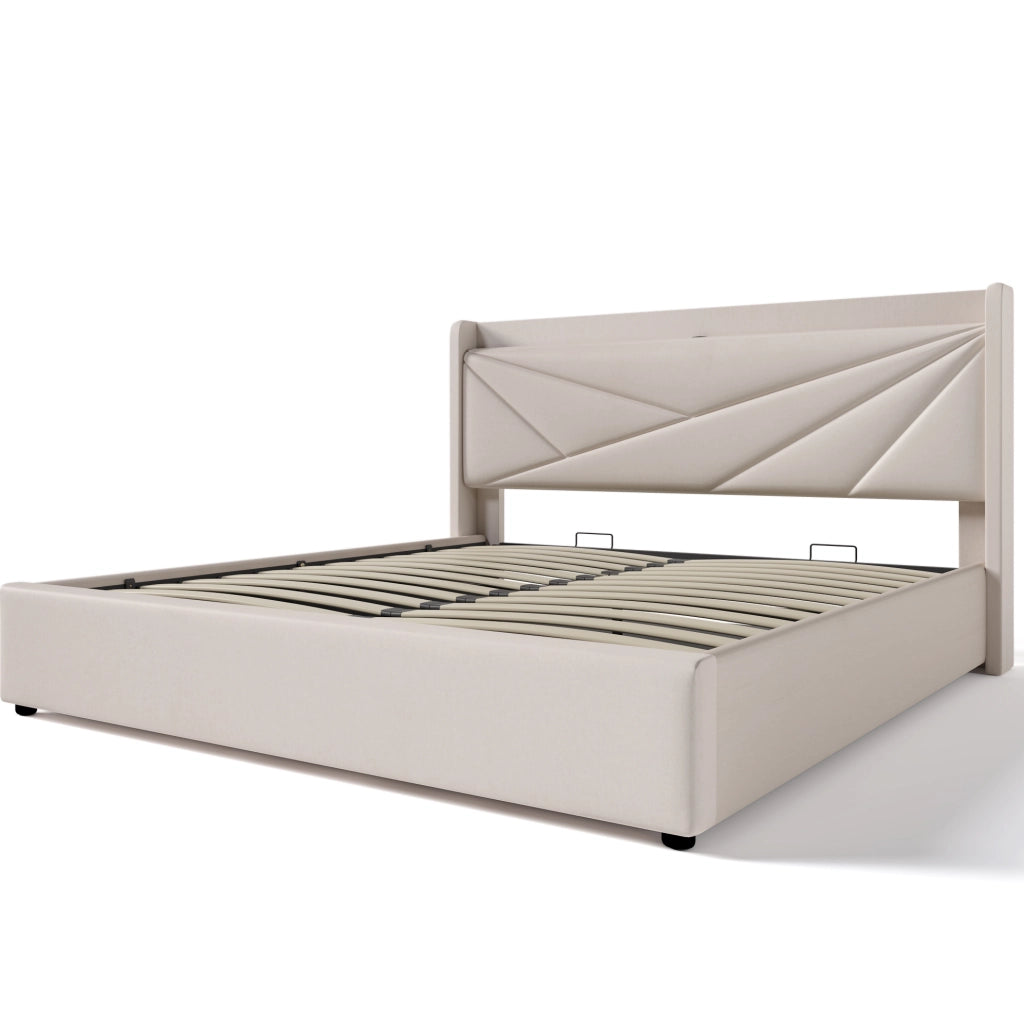Letto matrimoniale contenitore 160x200 cm in cotone e lino beige con USB e Tipo C