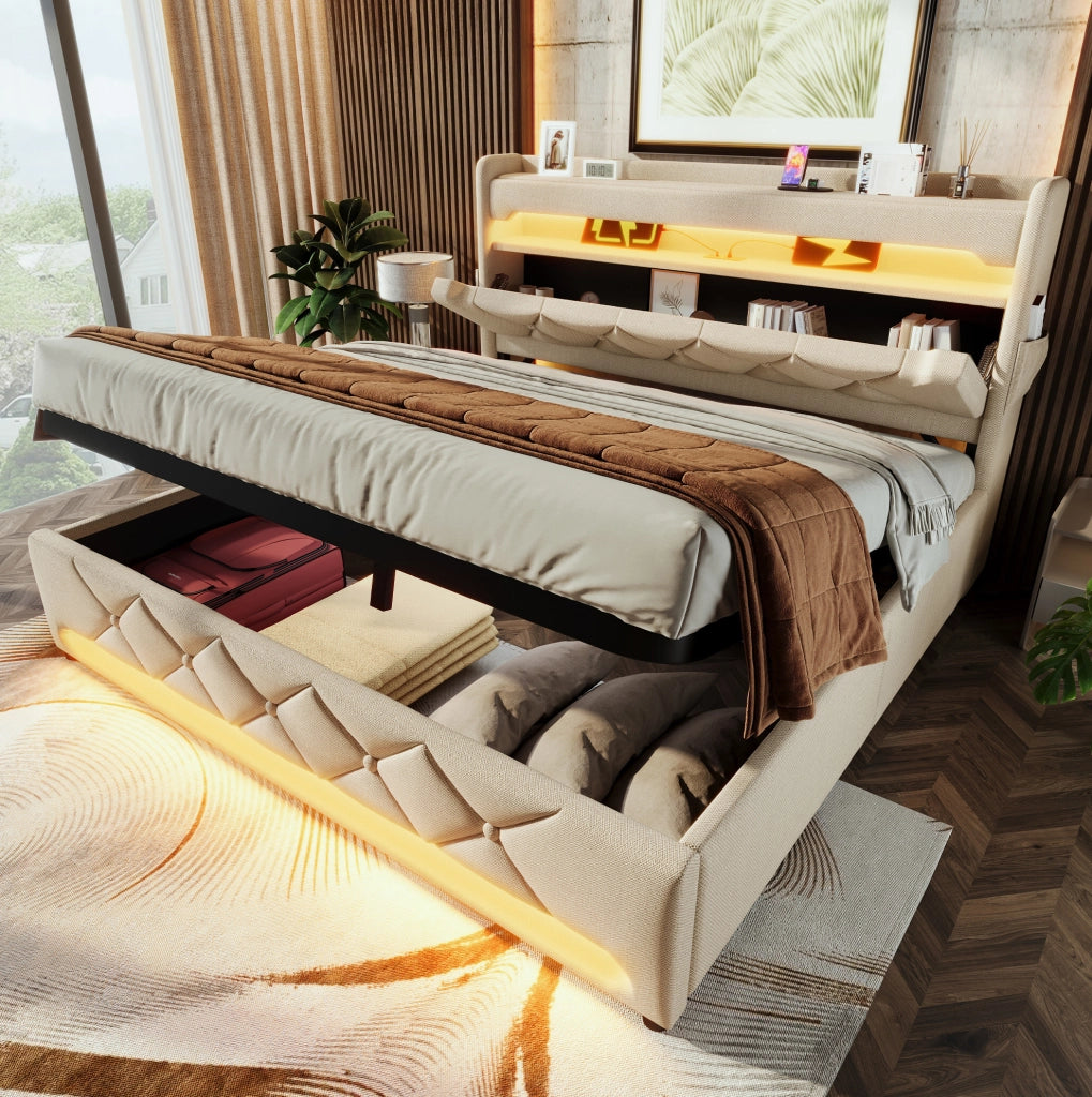 Letto imbottito con LED, testiera con porte USB e vano contenitore