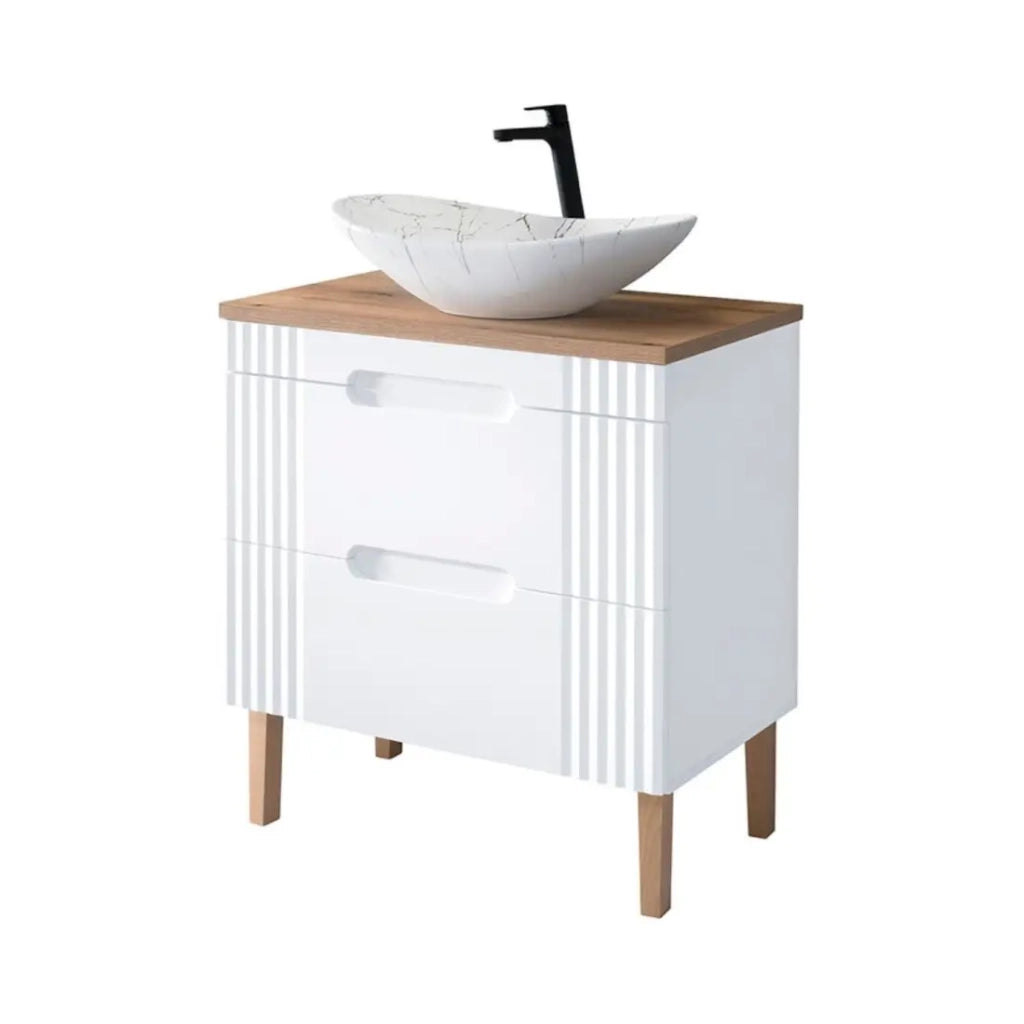 Set FIDJI: mobile sottolavabo 80cm + piano per lavabo + lavabo da appoggio ovale asimmetrico effetto marmo + piedi