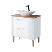 Set FIDJI: mobile sottolavabo 80cm + piano per lavabo + lavabo da appoggio ovale asimmetrico effetto marmo + piedi