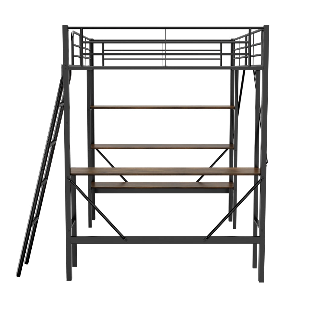 Letto a Soppalco Letto Singolo con Scrivania; 3 Ripiani e Scala 90×200 cm; senza Materasso; Metallo Nero