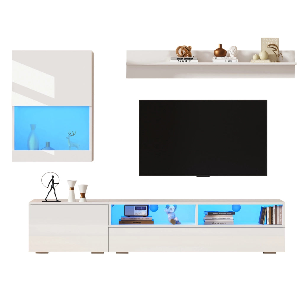 Parete attrezzata TV 3 pezzi bianca con LED e finitura lucida
