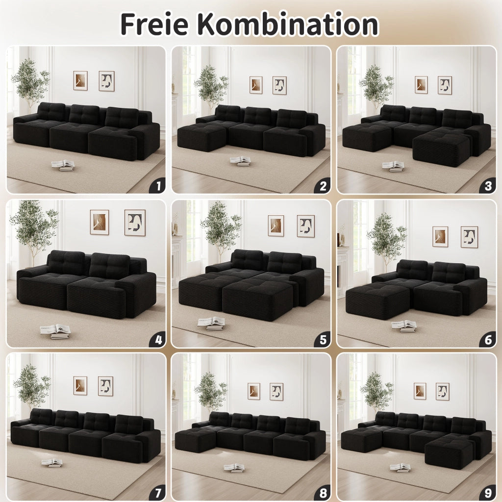 Divano modulare senza montaggio 382x104x69 cm in velluto a coste nero con seduta profonda