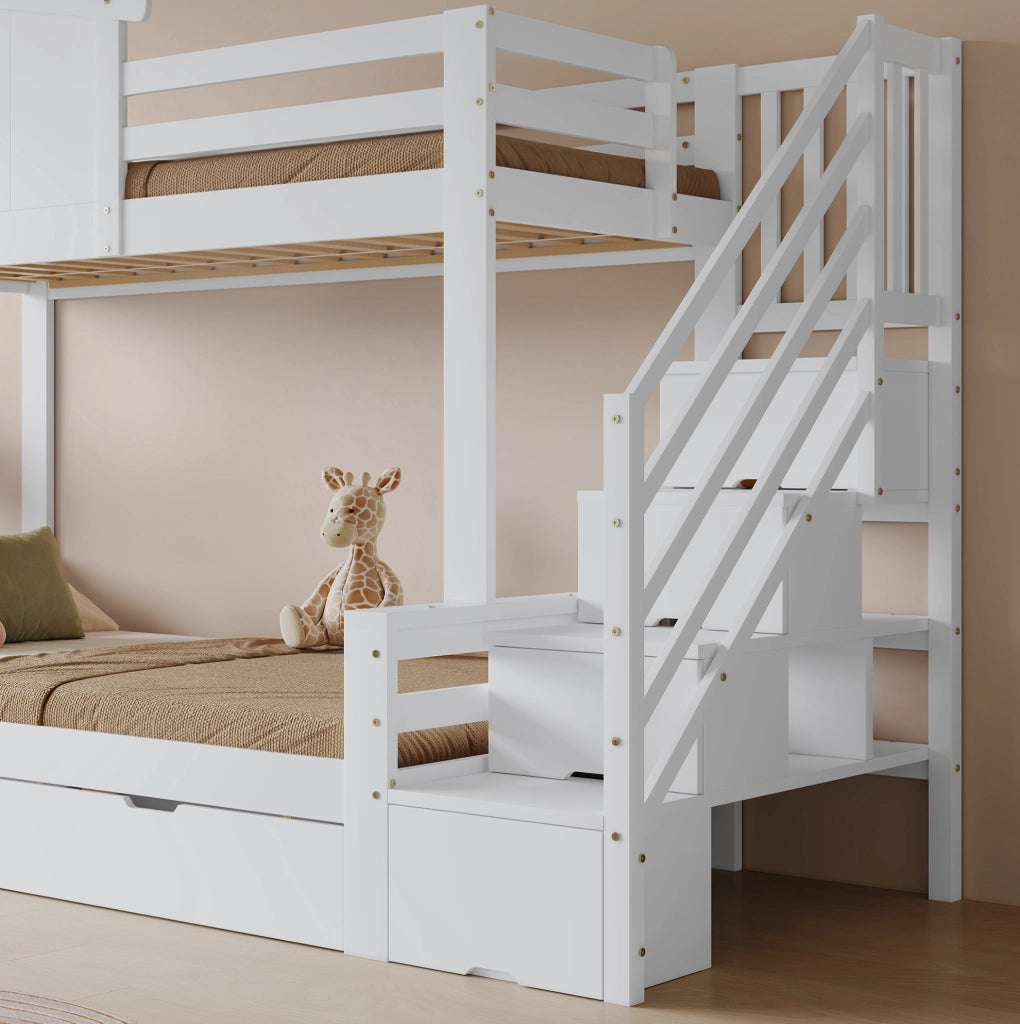 Letto a castello per bambini con 2 cassetti, scala ad angolo e finestre decorative