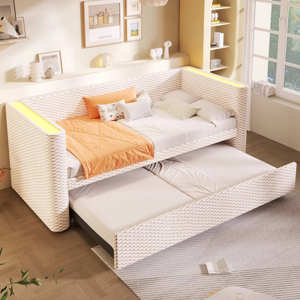 Divano Letto Estraibile con LED ¨C Xylo ¨C Velluto Beige 90x200 / 180x200