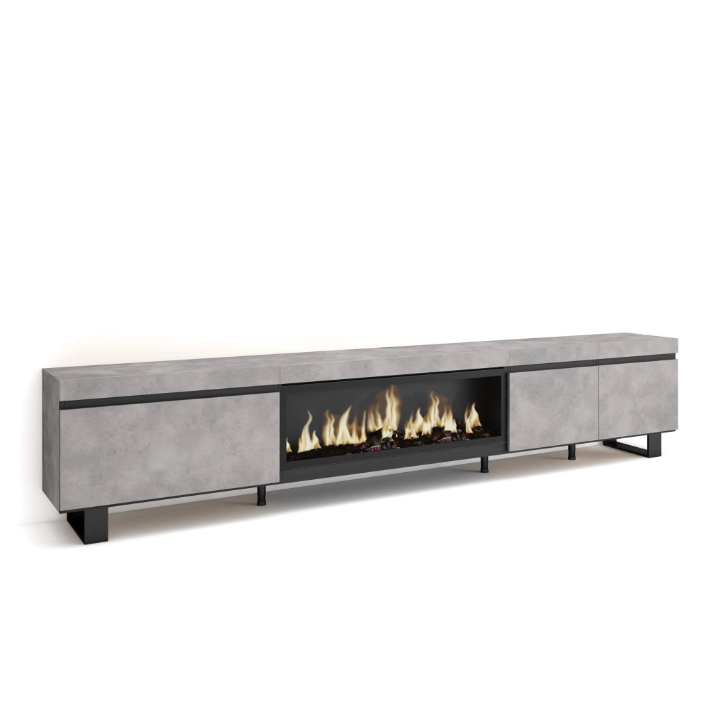 Mobile TV Soggiorno, 288x35x57cm, TV di grande formato, Camino elettrico XXL, Design industriale, grigio cemento RF3618