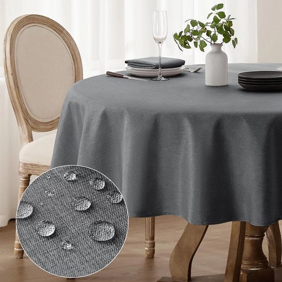 Tavolo Rotondo Coperto 120 cm - Lavabile e Impermeabile - Stile Lino per Esterni, Matrimoni e Feste di Compleanno - Grigio