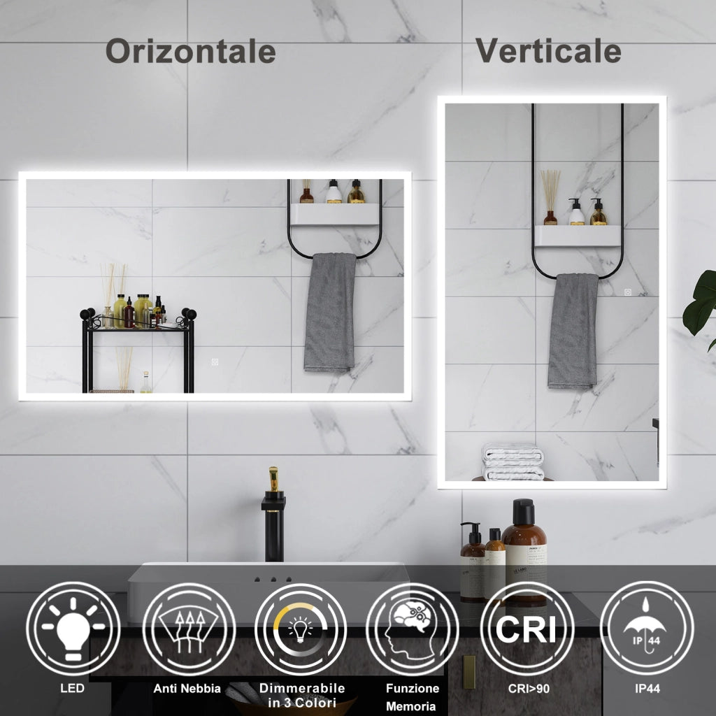 AICA Specchio da bagno  120 x 70 cm, dimmerabile, Funzione Memoria, antiappannamento, 3 colori