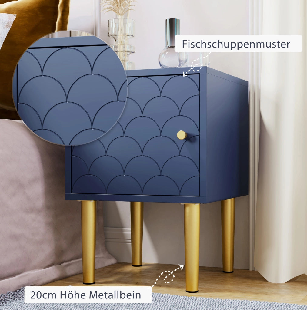 Comodino moderno con anta e motivo a scaglie; 35x35x51 cm; blu navy in legno e metallo
