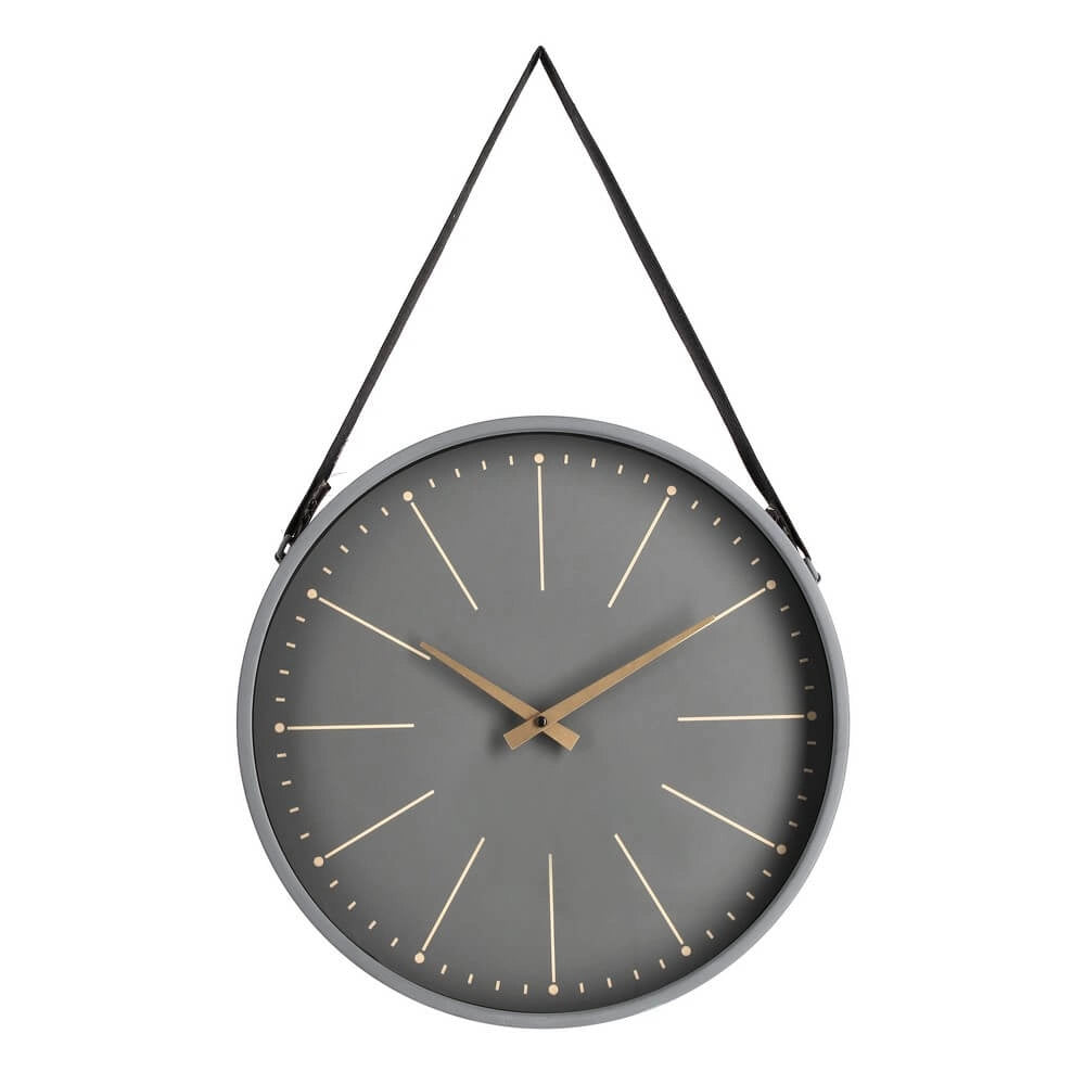 Orologio da Parete Rotondo Nero con Cinghia in Pelle Dorato - SIL