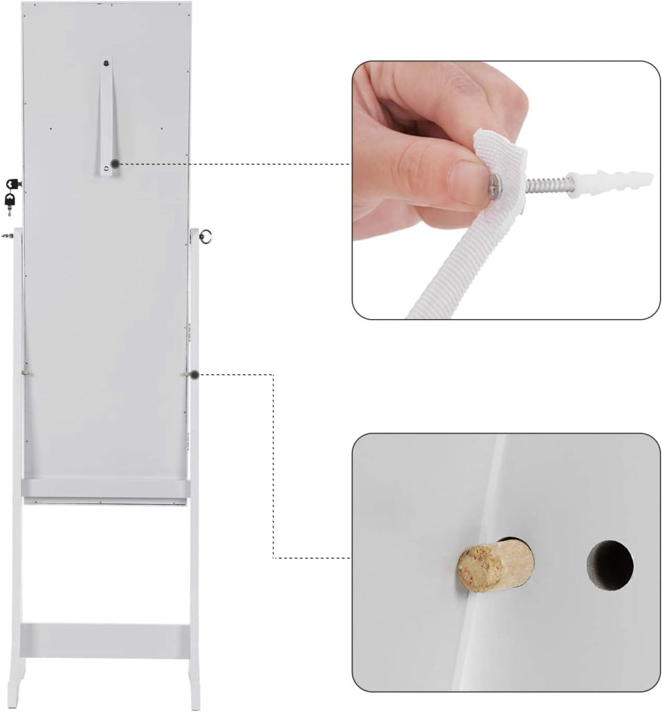SONGMICS Armadio Portagioie con Luce a LED, Specchiera, Armadietto per Gioielli Bloccabile con Chiavi, 2 Cassetti, Bianco JBC94W