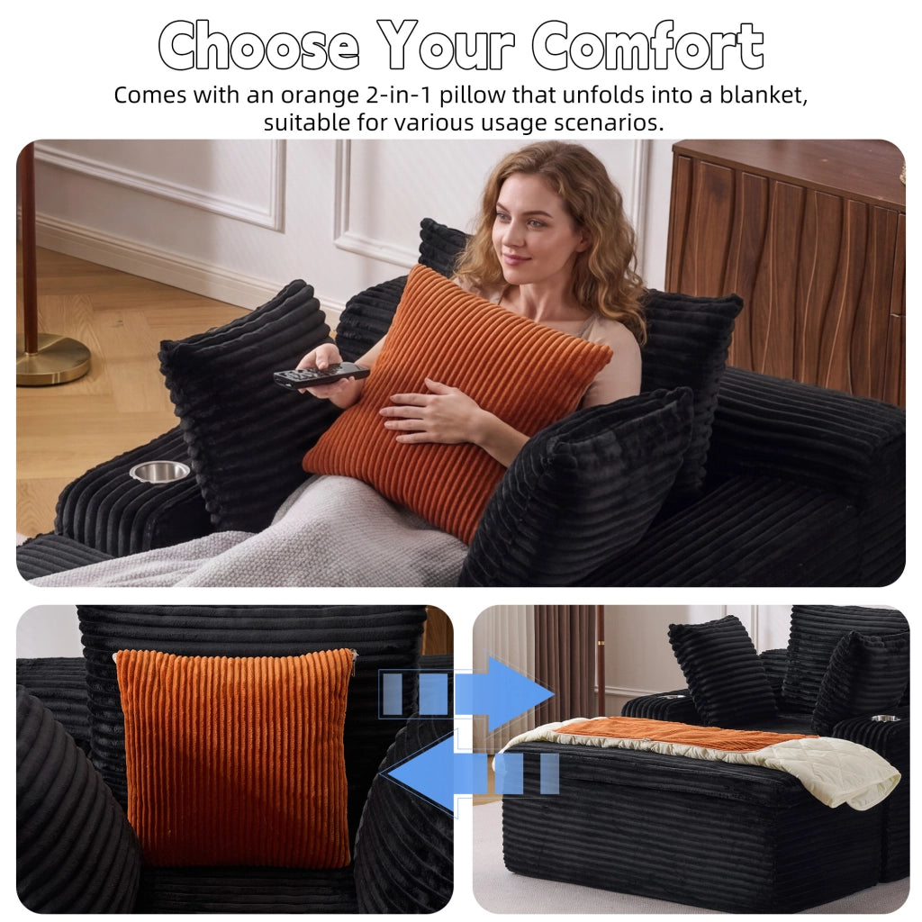 Divano chaise longue senza assemblaggio con cuscini e portabicchieri per salotto in velluto a coste nero 2 pezzi