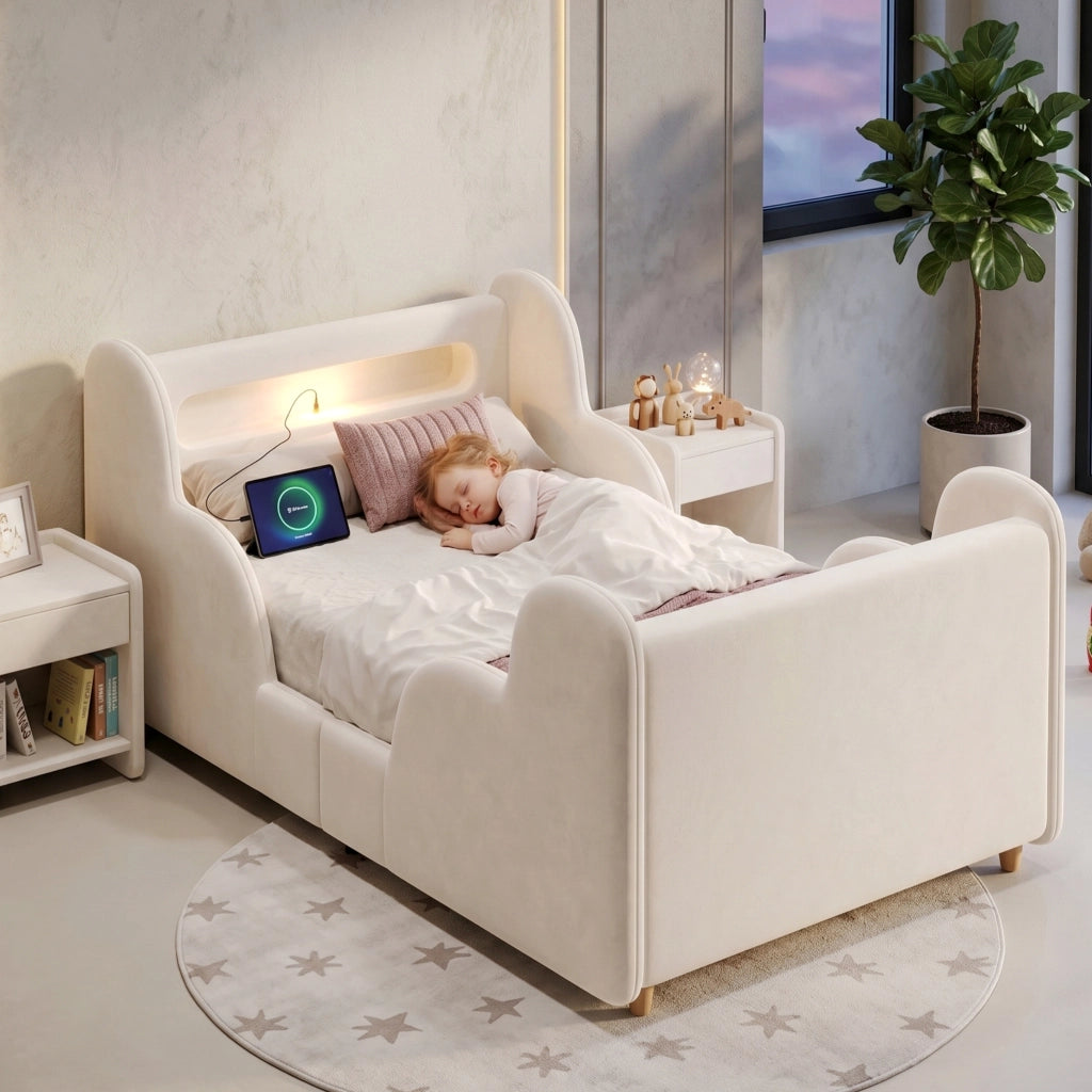 Letto singolo 90x200 cm in velluto beige con spondine imbottite, luci e porte USB, rete inclusa