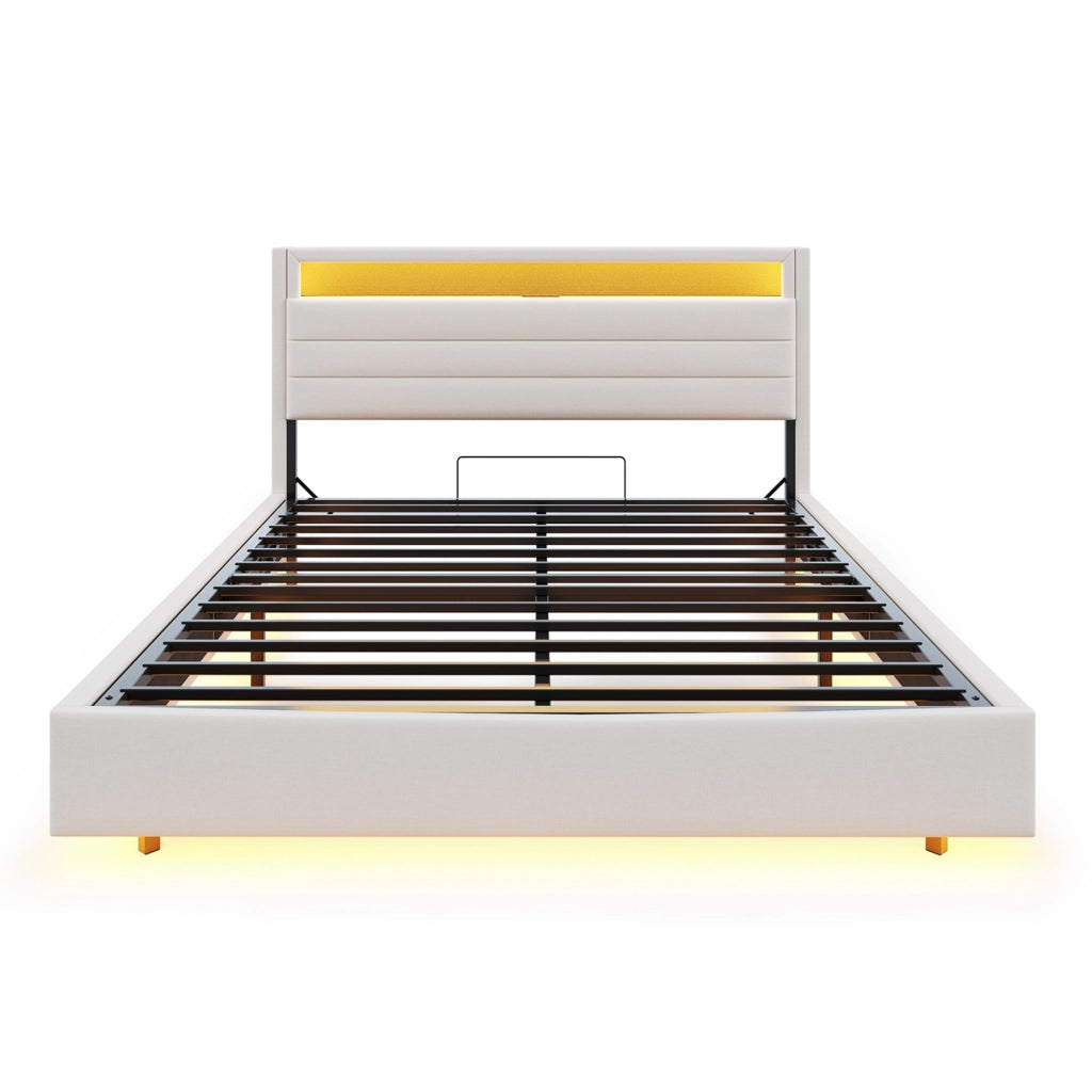 LETTO Imbottito 160x200 cm Beige con USB, LED e contenitore idraulico