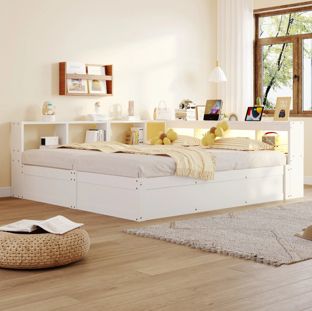 Letto multifunzione 90/180 x 200 cm con LED; prese integrate e vano idraulico; bianco