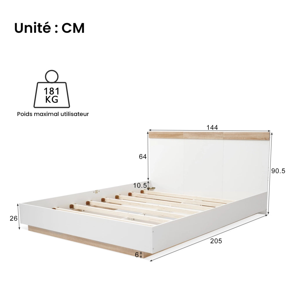 Letto Matrimoniale Letto Adulto con Testiera; 140 x 200 cm; senza Materasso; in Legno; Bianco e Rovere