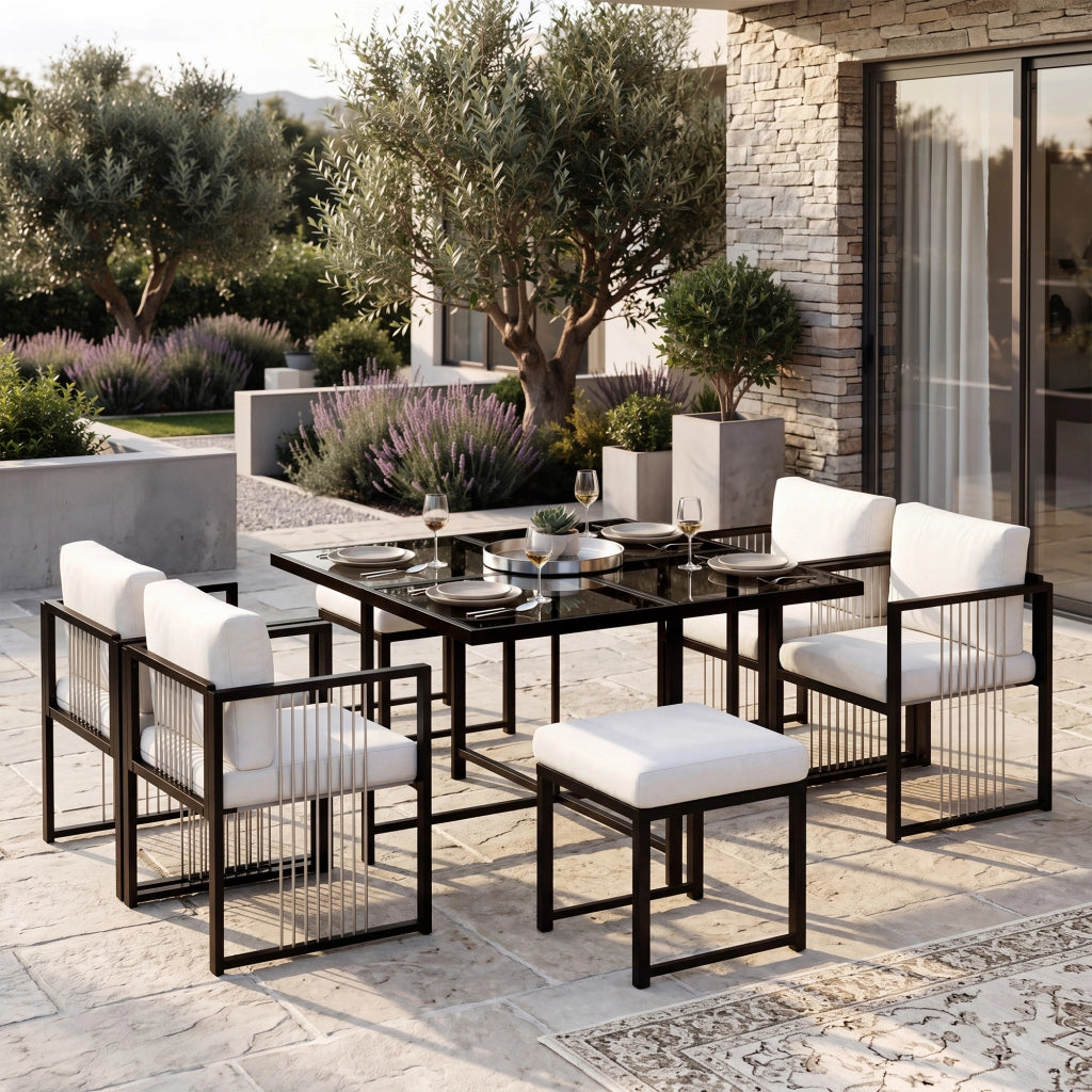 Set da pranzo per esterni da 7 pezzi per 6 persone in metallo e vetro temperato nero e bianco per giardino
