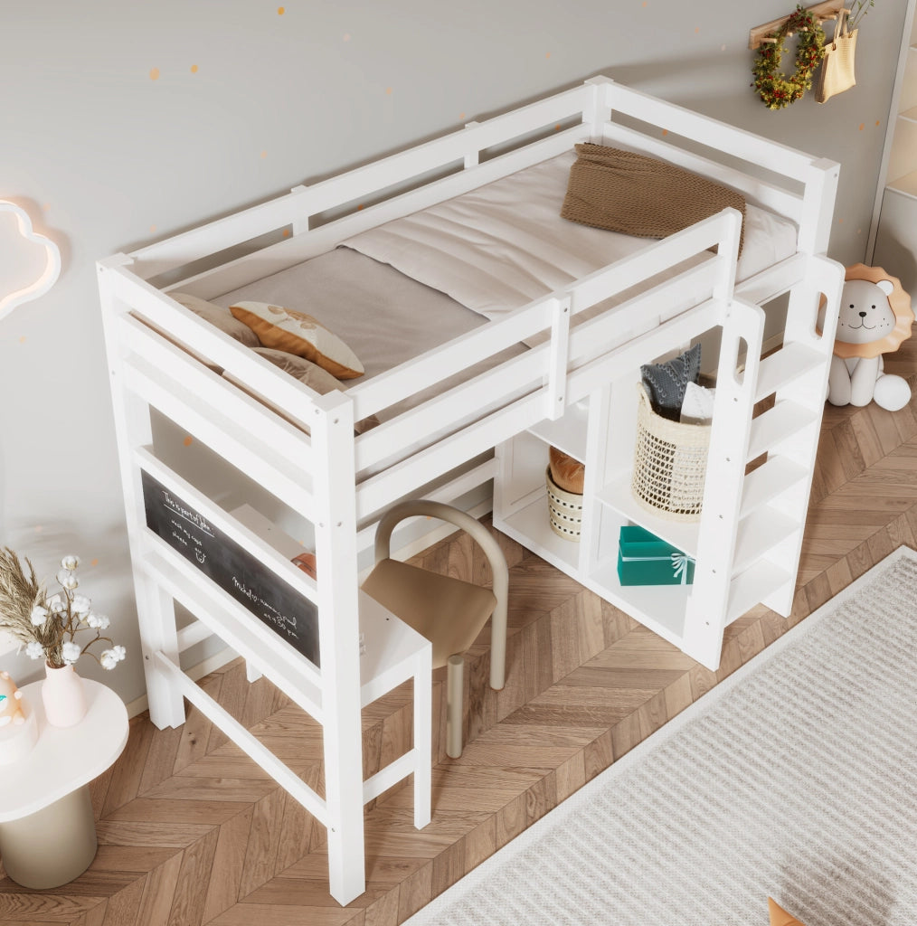 Letto a soppalco con scrivania, armadio aperto e scaffali, bianco, 90x200 cm