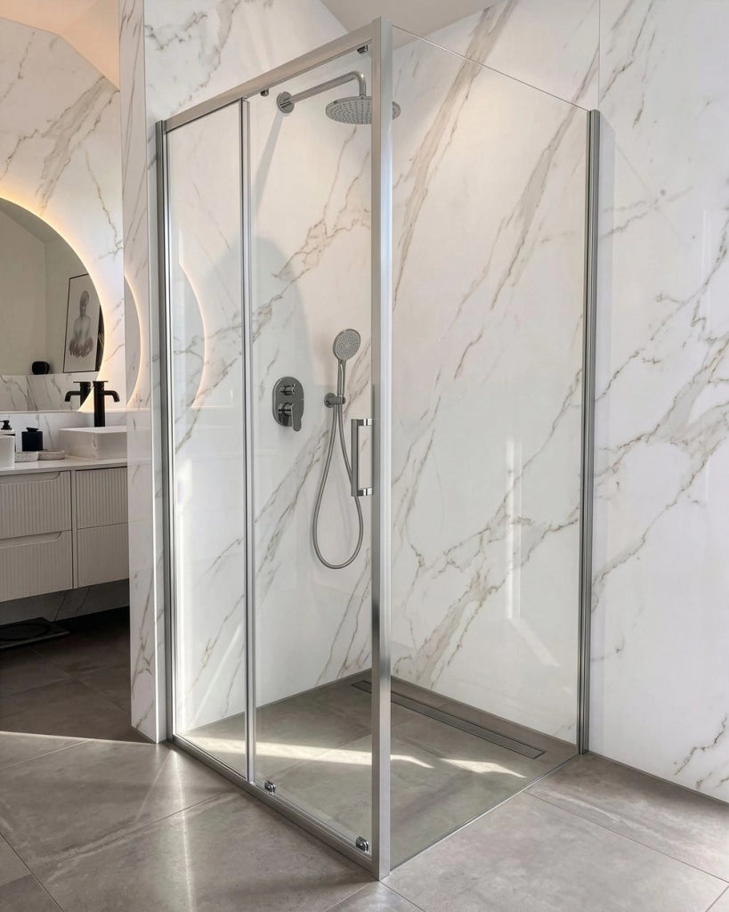 Cabina doccia moderna in vetro temperato con porta singola e profili in alluminio argento 90 x 120 x 190 cm