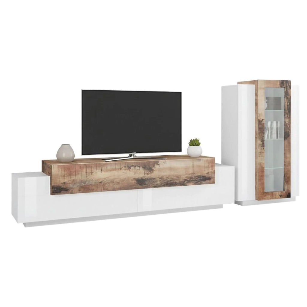 Parete attrezzata da soggiorno Anisia, Made in Italy, Porta TV a luce LED bianca, Set salotto moderno, cm 290x45h121, Bianco lucido e Acero