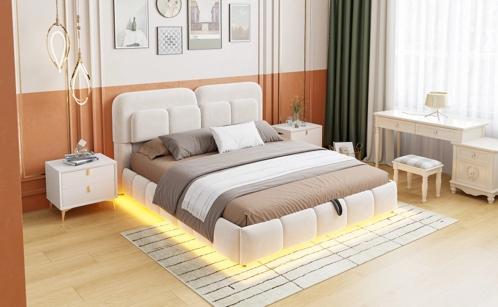 DESMIU Letto con contenitore 140 × 200 cm 2 posti con LED, contenitore idraulico e senza materasso, in velluto, beige