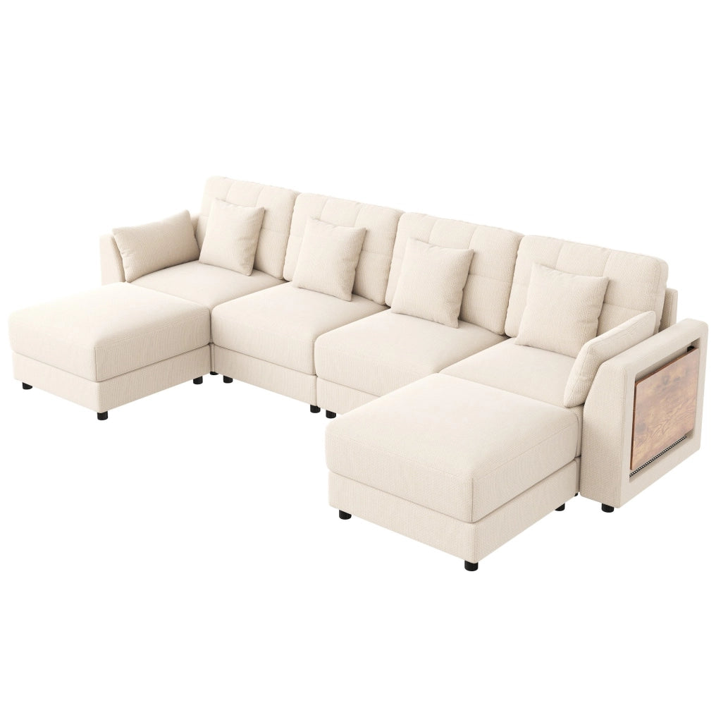 Divano modulare a U/L con 2 pouf; LED e tavolini pieghevoli; ciniglia beige