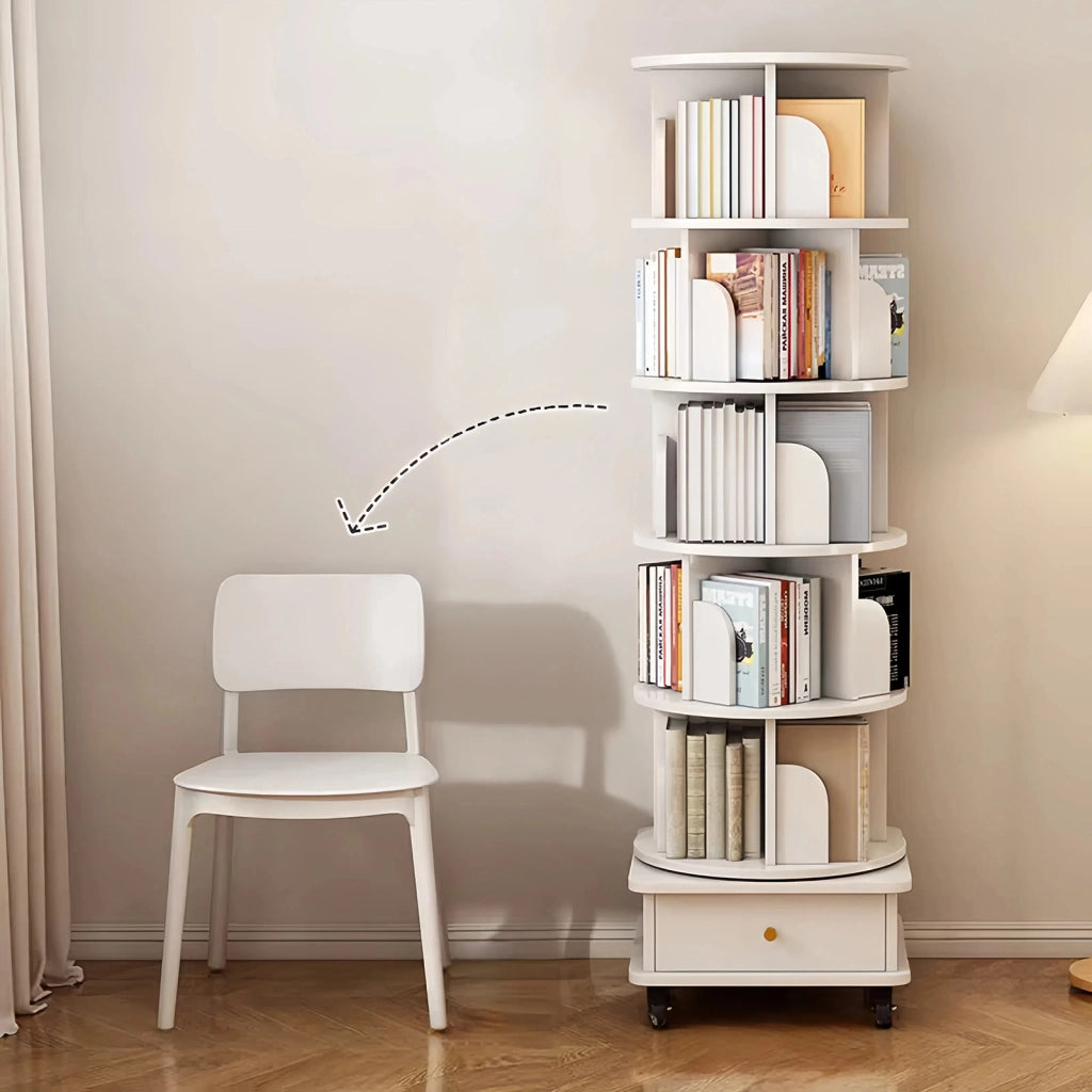 LIBRERIA Girevole 360° con cassetto e ruote Bianca in MDF