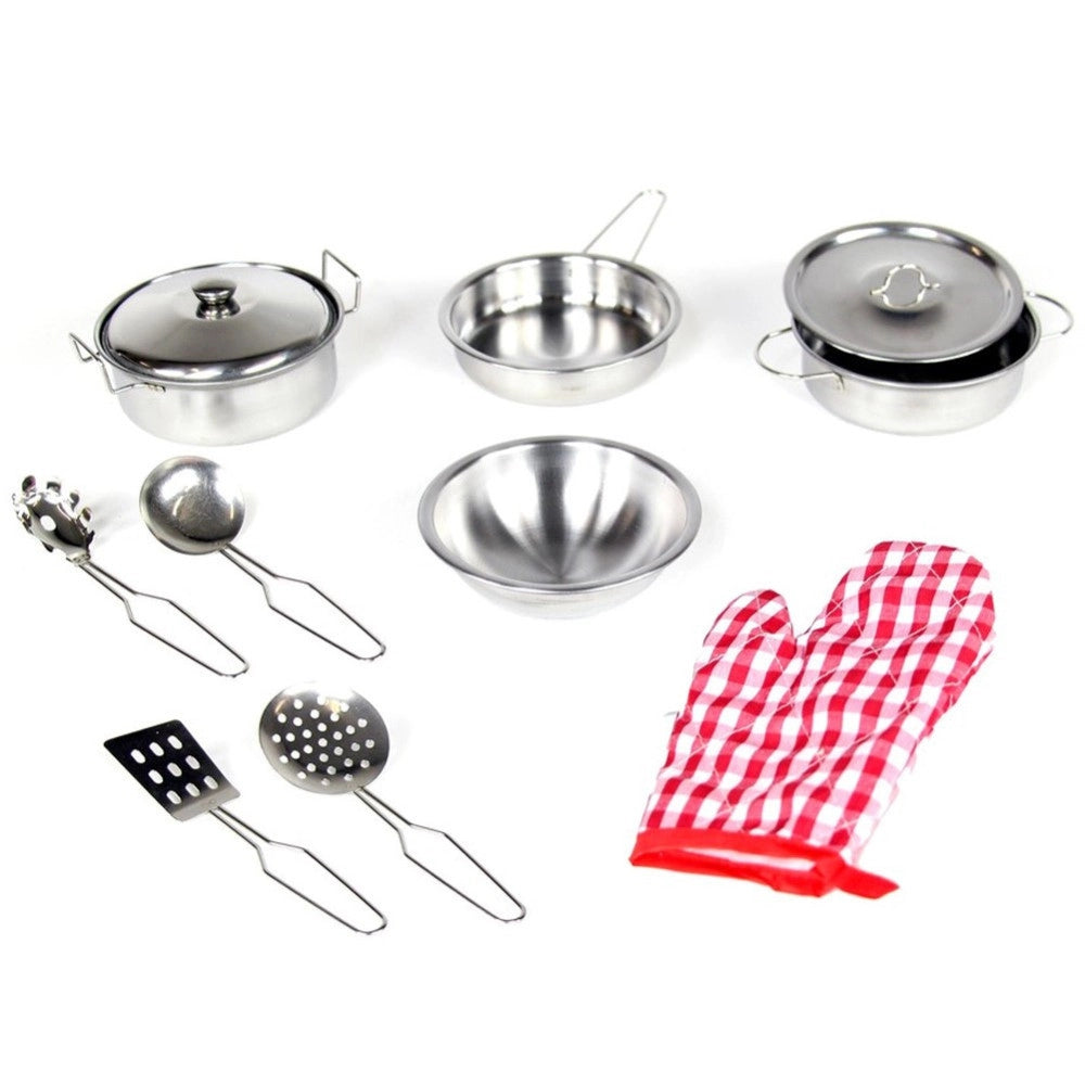 Trade Shop - Set Cucina Giocattoli Per Bambini In Metallo 10pz Con Pentole Mestoli E Guanto -