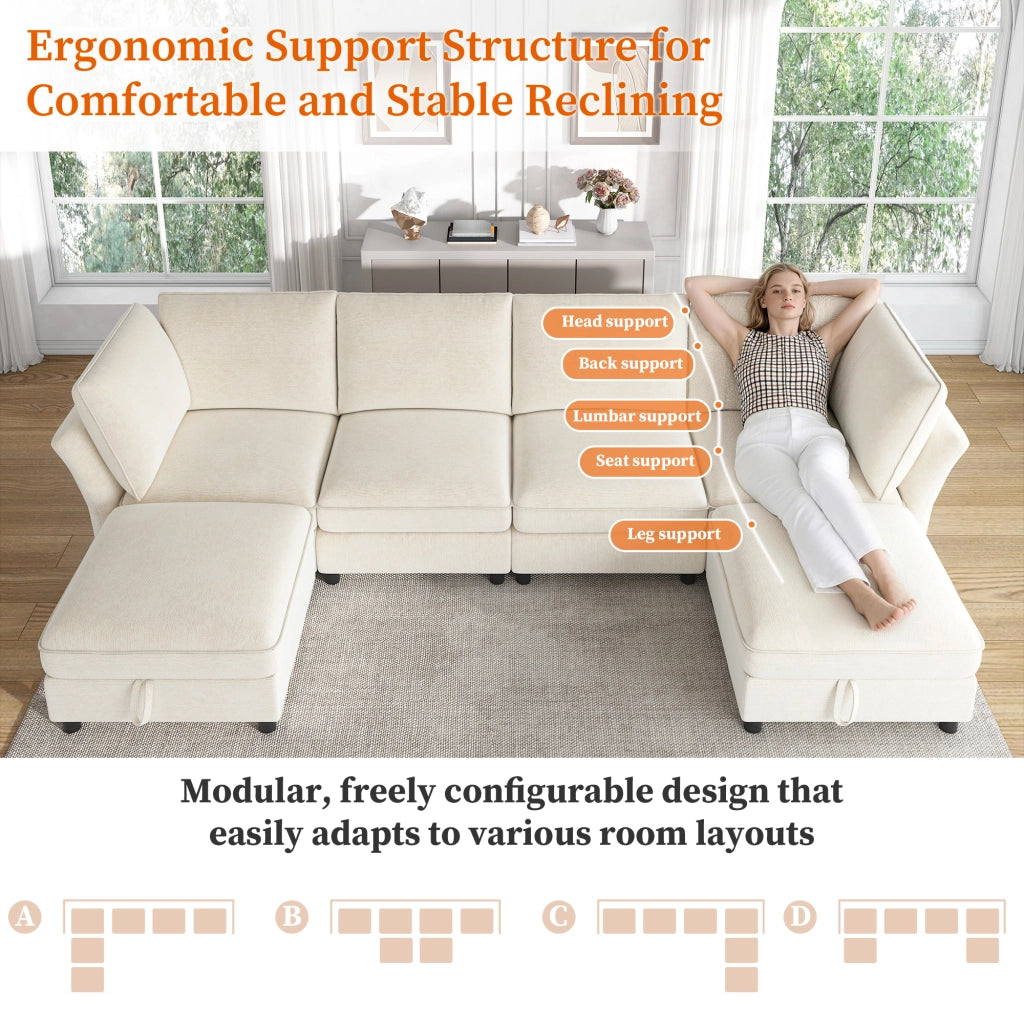 Divano angolare modulare a U con spazio contenitore e cuscini per 6-7 persone, in ciniglia beige, 289 × 137 × 84 cm