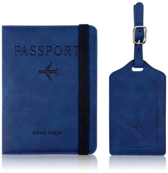 Set di portachiavi e etichetta di bagaglio - Portachiavi in PU pelle - Proteggi il tuo passaporto con blocco RFID - Portachiavi con slot per carte e cintura elastica - Per carte di credito, carte d'identità, documenti di viaggio - Accessori di viaggio