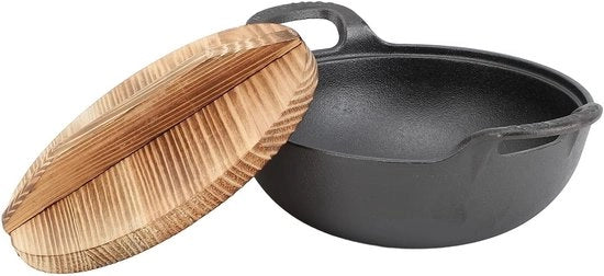 Wok con 2 Maniglie - Wok di Ottone Tradizionale senza Smalto - Base Piana per Fornelli Elettrici e a Gas - 20cm